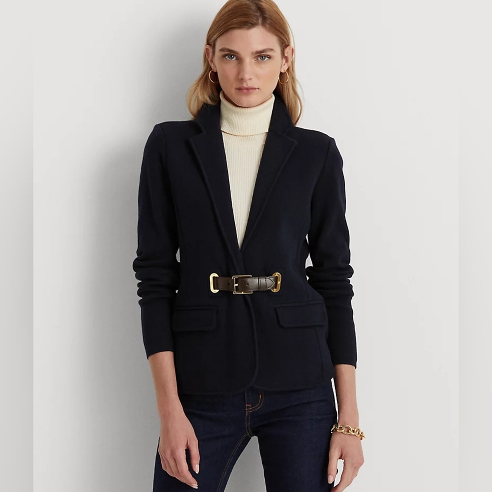 Lauren Ralph Lauren Navy Combed Cotton Knit Blazer with Gold Buckle